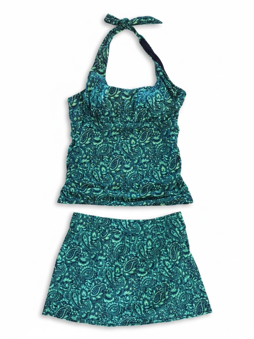 Green Paisley Tankini Top and Skirt Swim Set